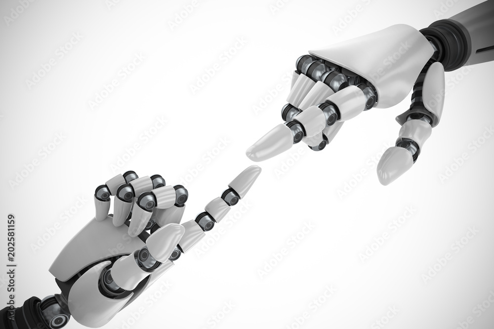 White robot arm pointing at something against close up of shiny robot hand  Stock Illustration | Adobe Stock