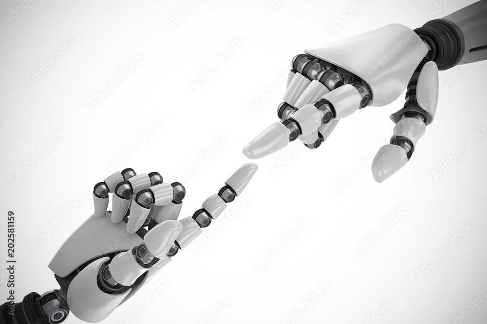 White robot arm pointing at something against close up of shiny robot hand White robot arm pointing at something against close up of shiny robot hand