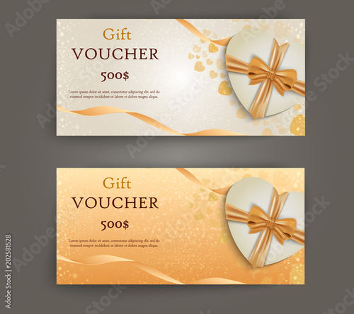 Vector set of luxury gift vouchers with ribbons and gift box. Elegant template for a festive gift card, coupon and certificate. Discount Coupon Template Vector Illustration EPS10