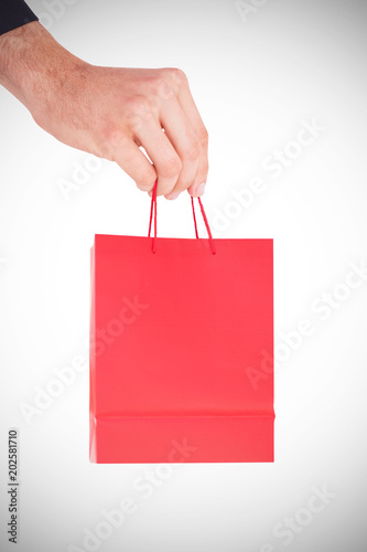 A Hand holding a gift bag on white background