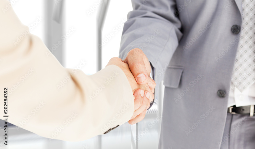 People in suit shaking hands against room with large window looking on city People in suit shaking hands against room with large window looking on city