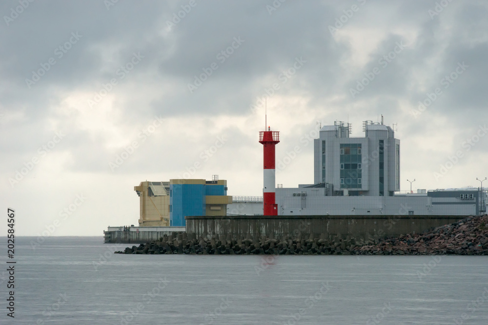 KRONSTADT, SAINT PETERSBURG, RUSSIA - AUGUST 21, 2017: Navigation structure C-1 of the complex of structures protecting St. Petersburg from floods KRONSTADT, SAINT PETERSBURG, RUSSIA - AUGUST 21, 2017: Navigation structure C-1 of the complex of structures protecting St. Petersburg from floods