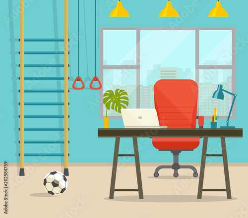 Window, table and chair, ball and sports equipment. Flat style vector illustration