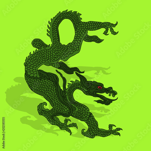 Green dragon with shadow  cartoon on light green background 