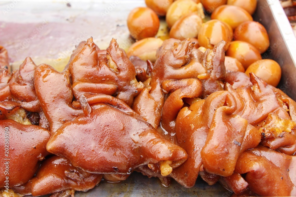 Stewed pork leg and mix pork ,egg in street food Stewed pork leg and mix pork ,egg in street food