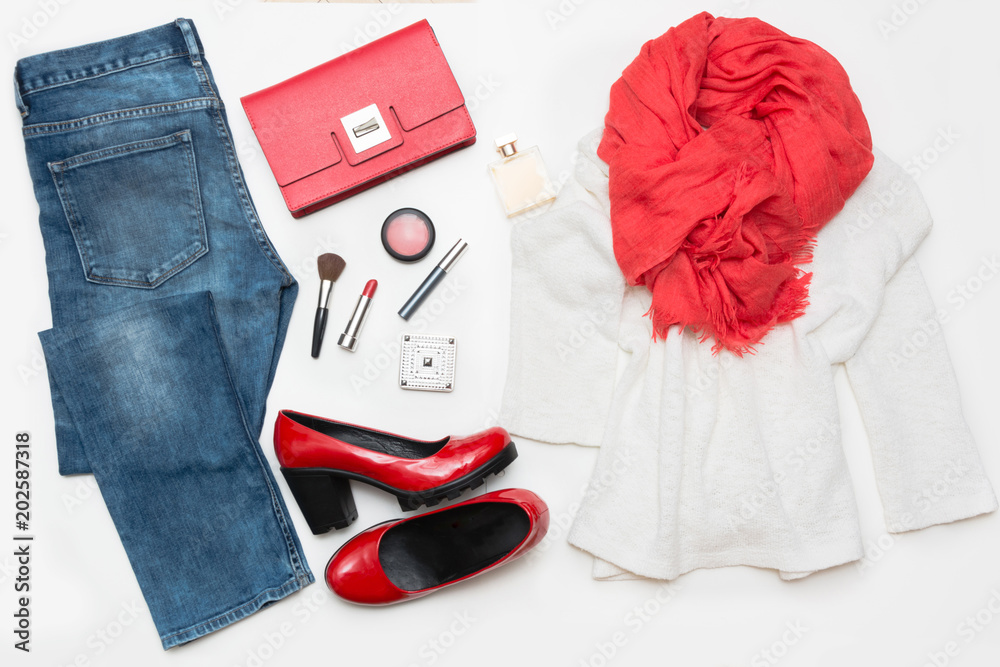 New look for beautiful fashionable woman. Classic jeans white top