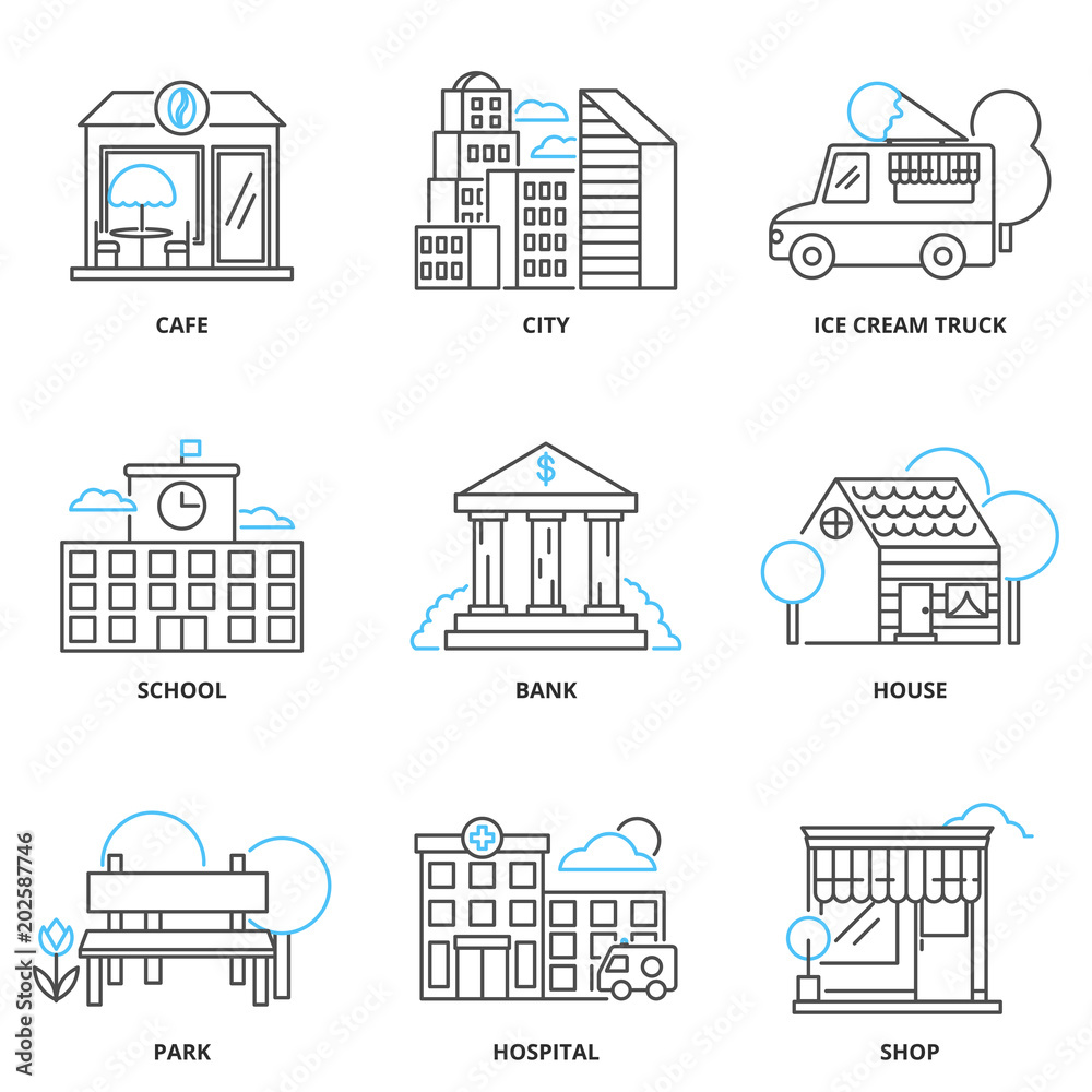 Buildings, city vector icons set, outline style