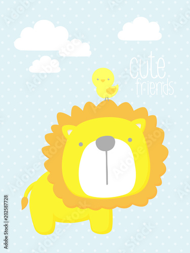 Fototapeta Naklejka Na Ścianę i Meble -  cute baby lion with little bird and design elements. design for baby and children. can be used for baby room wall art, nursery decoration or invitations