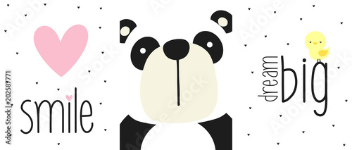 cute panda bear face with quotes and design elements. design for baby and children. can be used for baby room wall art, nursery decoration or invitations