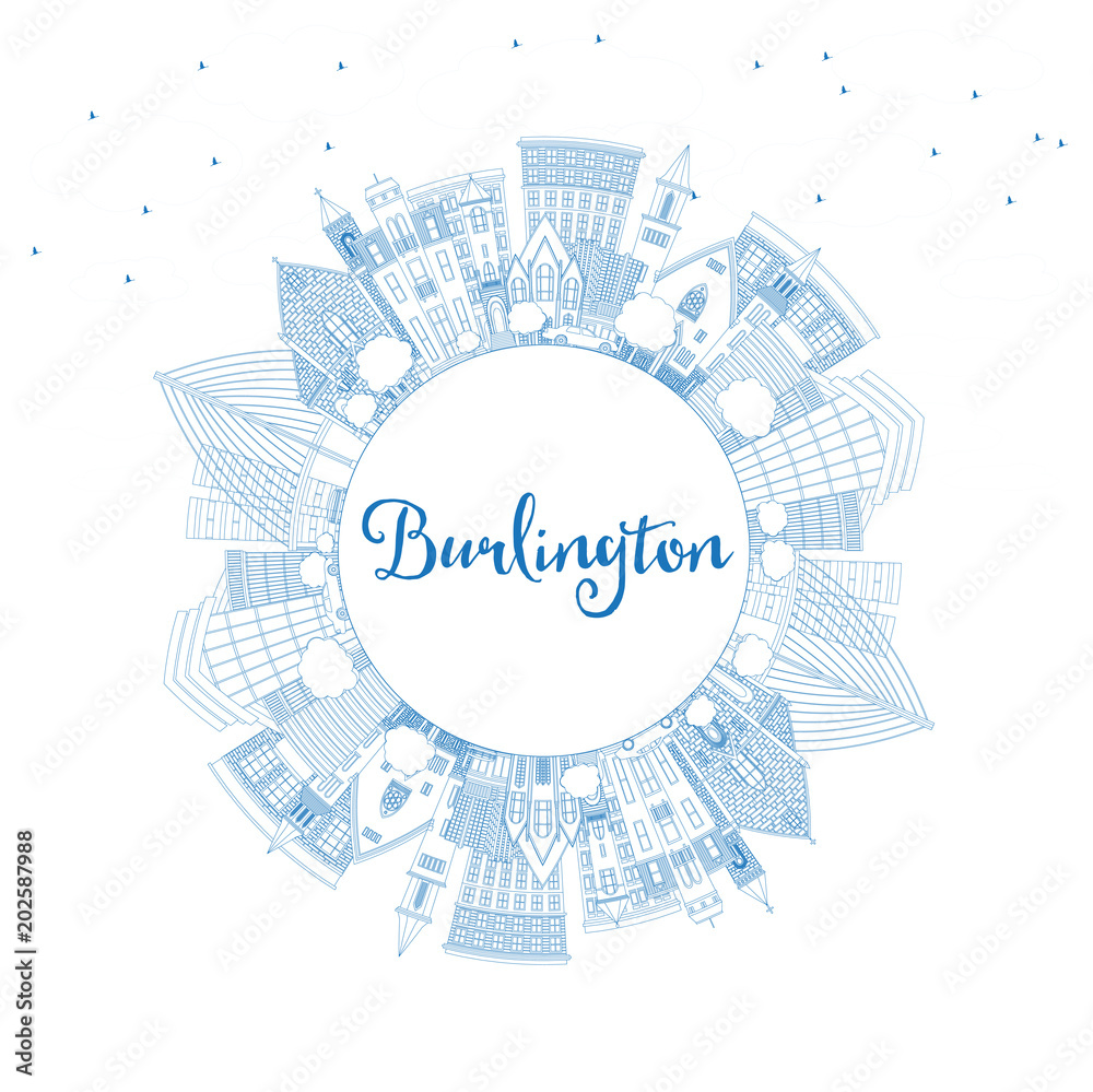 Outline Burlington Iowa City Skyline with Blue Buildings and Copy Space. Outline Burlington Iowa City Skyline with Blue Buildings and Copy Space.