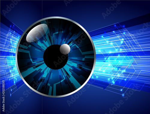 binary circuit board future technology, blue eye cyber security concept background, abstract hi speed digital internet.motion move blur. pixel vector