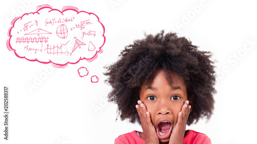 Math in thought bubble against shocked little girl