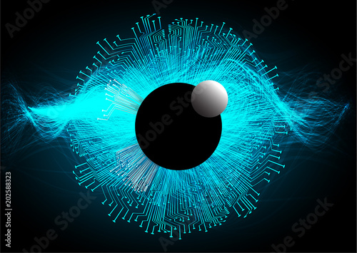 binary circuit board future technology, blue eye cyber security concept background, abstract hi speed digital internet.motion move blur. pixel vector