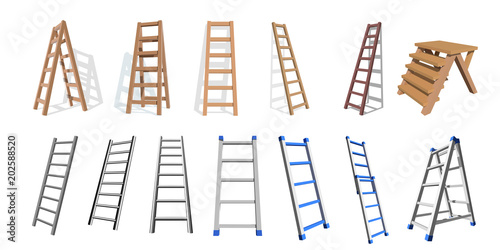 Set of wooden and metall stairs. Wooden, metall  staircase on a white background. Vector ladders illustration photo