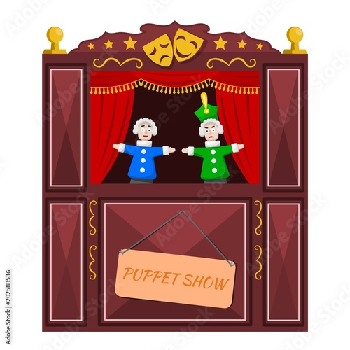 Bright a puppet theater on a white background. Vector illustration of a puppet theater with open scenes and dolls. Cartoon style. Stock vector