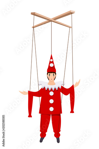 Color image of a doll of Pierrot on a white background. Puppet Piero character of the Italian comedy Delarque with ropes. Vector illustrationе  with ropes. Vector illustration