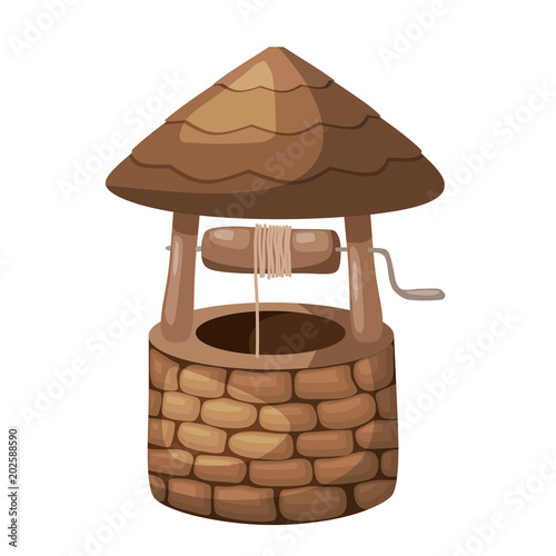 Color image of a simple well with a roof on a white background in the style of a cartoon. Vector illustration