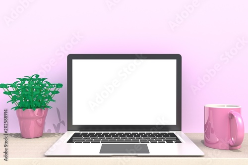 Computer Network Connection Digital Technology, Coffee cup with laptop computer white blank screen on wood work table front view, Isolated on pink background, 3D rendering