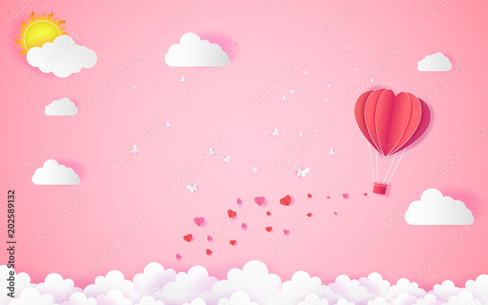 love and valentine day  with heart float on the sky.paper art ,Origami made hot air balloon flying over grass vector illustration
