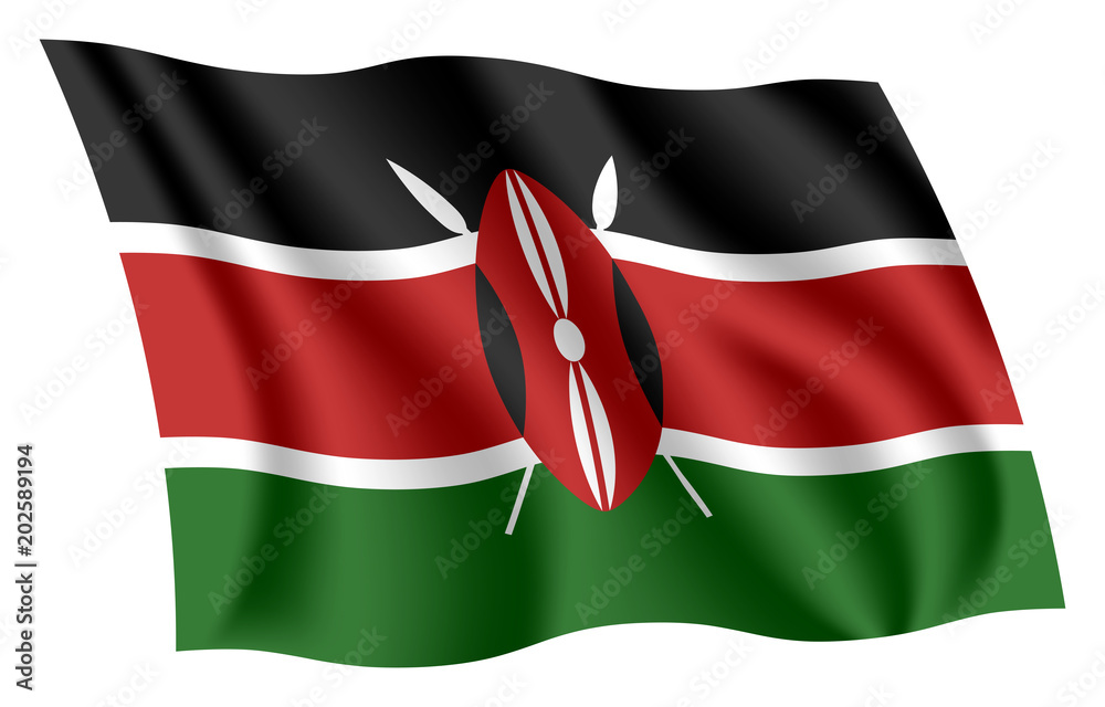 Kenya flag. Isolated national flag of Kenya. Waving flag of the Republic of Kenya. Fluttering