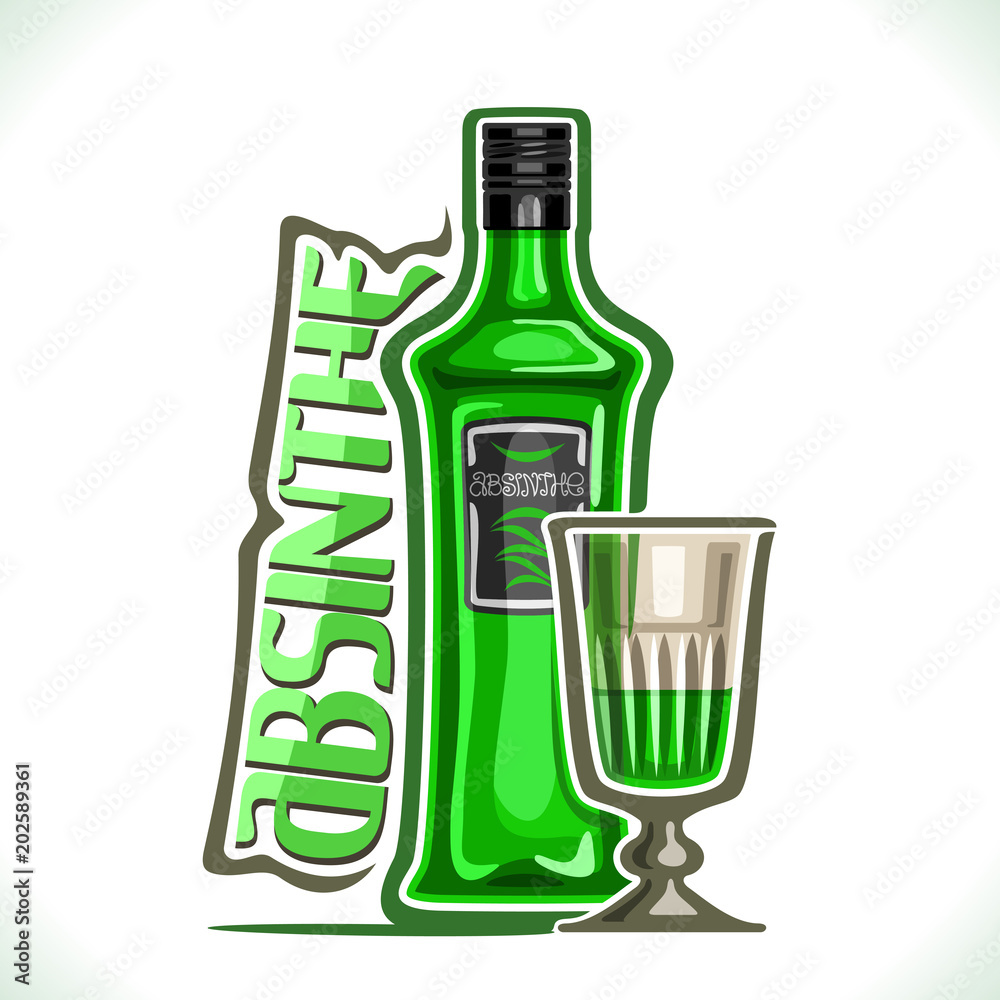 Vector illustration of alcohol drink Absinthe, green bottle of premium  herbal tincture and vintage half full cordial glass, original typeface for  word absinthe, contour composition for bar menu. Stock Vector