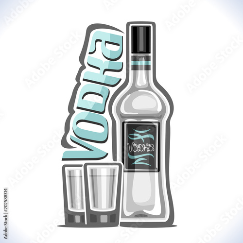 Vector illustration of alcohol drink Vodka, poster with transparent bottle of premium russian booze and 2 full shot glasses, original typeface for blue word vodka, design composition for bar menu.