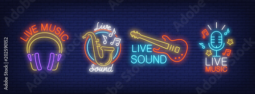 Live sound music neon signs collection. Neon sign, night bright advertisement, colorful signboard, light banner. Vector illustration in neon style.