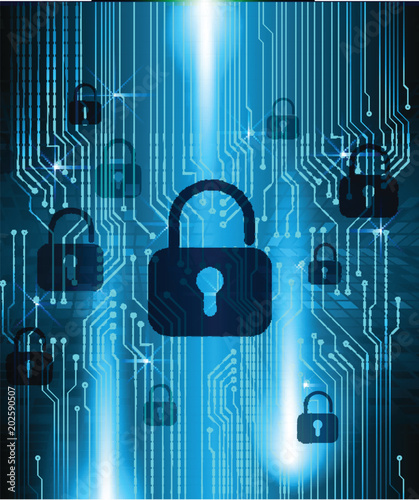 Safety concept, Closed Padlock on digital, cyber security, Blue abstract hi speed internet technology background illustration. key