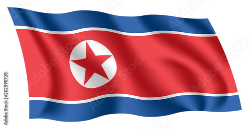 North Korea flag. Isolated national flag of North Korea. Waving flag of the Democratic People's Republic of Korea (DPRK). Fluttering textile north korean flag.