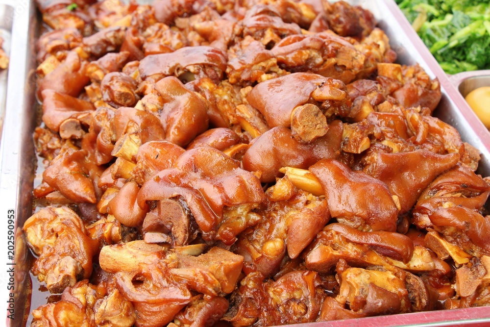 Stewed pork leg and mix pork ,egg in street food Stewed pork leg and mix pork ,egg in street food
