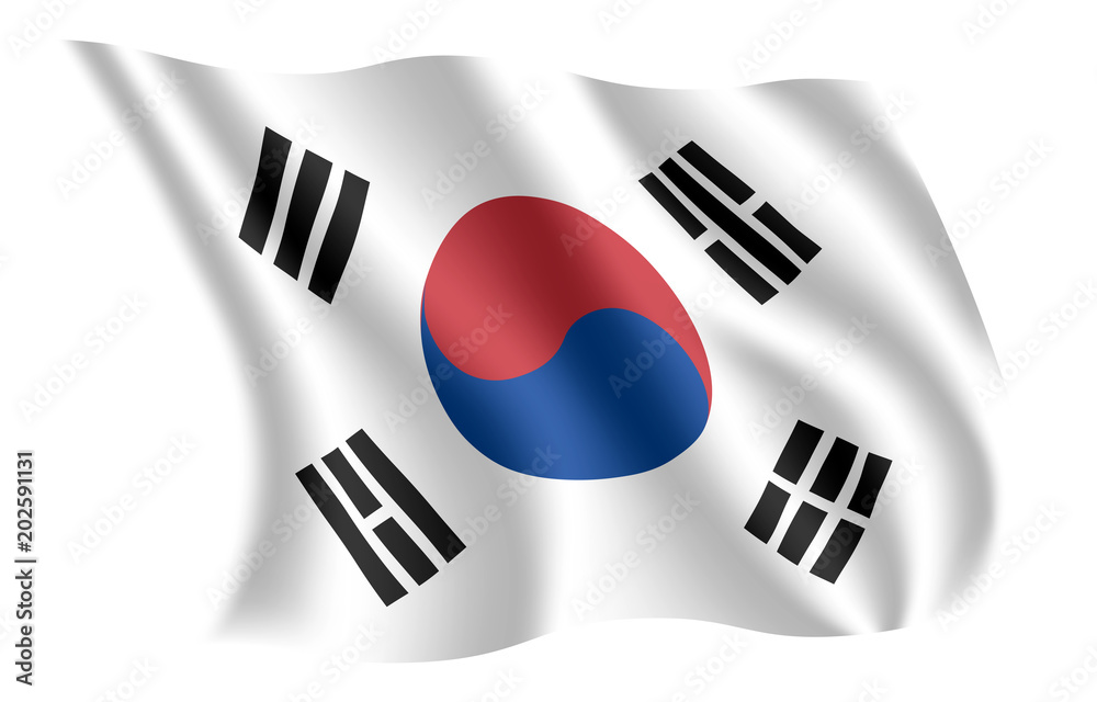 South Korea flag. Isolated national flag of South Korea. Waving flag of the Republic of Korea (ROK). Fluttering textile south korean flag. Taegukgi. South Korea flag. Isolated national flag of South Korea. Waving flag of the Republic of Korea (ROK). Fluttering textile south korean flag. Taegukgi.