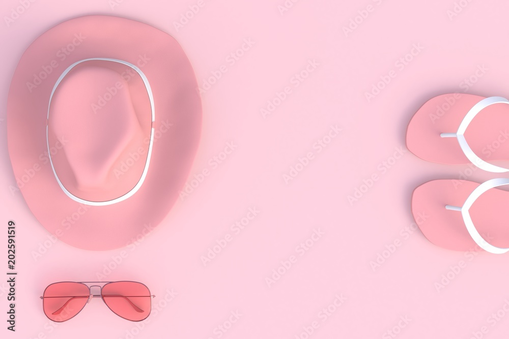 Beach accessories on pink plank, Summer vacation concept, 3D rendering Beach accessories on pink plank, Summer vacation concept, 3D rendering