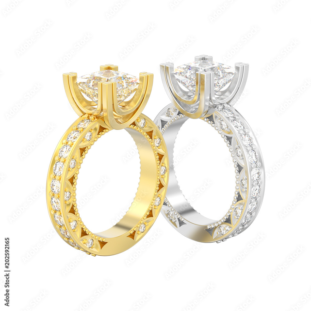 3D illustration isolated two silver and gold diamond engagement decorative rings 3D illustration isolated two silver and gold diamond engagement decorative rings