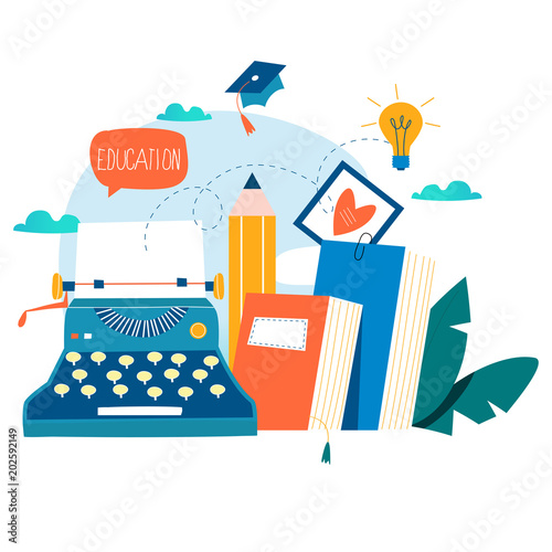Blogging, education, creative writing, content management, writing articles, news, copywriting, seminars, tutorials, workshops flat vector illustration design for mobile and web graphics