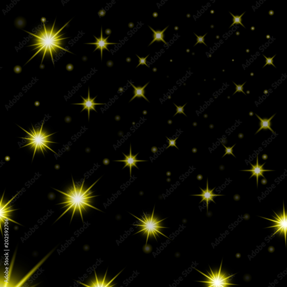 Gold stars black night sky background. Abstract light glitter. Fantasy sparkles. Shine christmas texture, magic glow. Golden bright for holiday card design. Vector illustration
