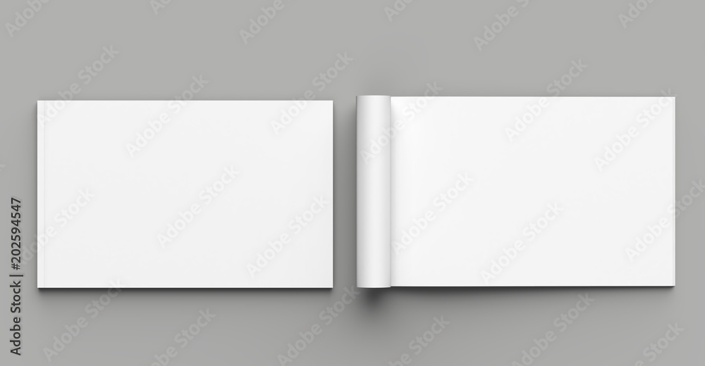 Soft cover landscape brochure, magazine, book or catalog mock up isolated on gray background. 3D illustrating. Soft cover landscape brochure, magazine, book or catalog mock up isolated on gray background. 3D illustrating.