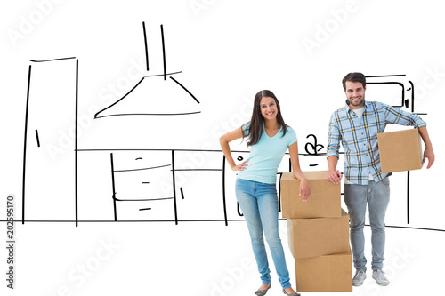 Attractive young couple with moving boxes against kitchen sketch