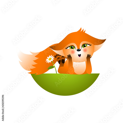 Isolated red cartoon fox cub on white background. Orange happy frendly fox lie on glade and dream. Wild animal funny personage.