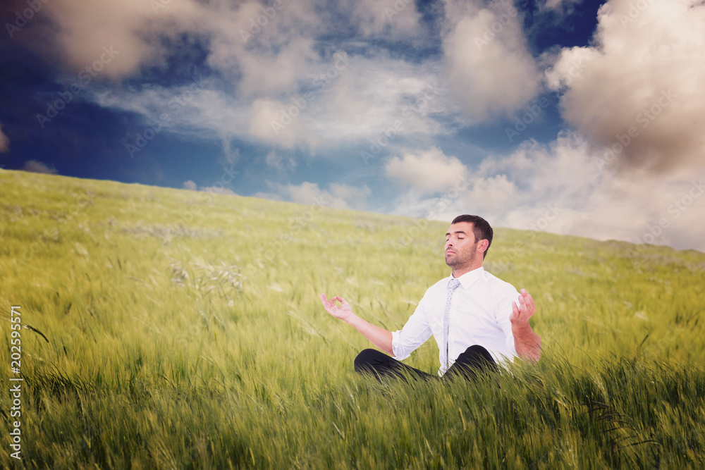 Businessman meditating in lotus pose against nature scene Businessman meditating in lotus pose against nature scene