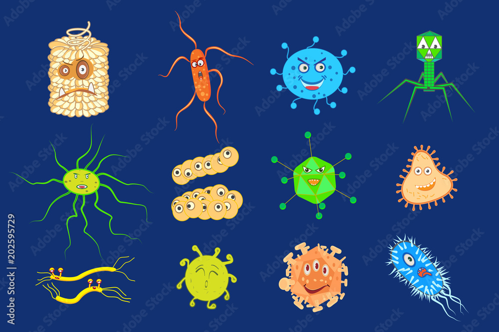 Good bacteria and bad bacteria cartoon characters isolated on white. Set of  funny bacterias germs in flat cartoon style. Good and bad microbes. Enteric  bacteria, gut and intestinal flora. Stock Vector |
