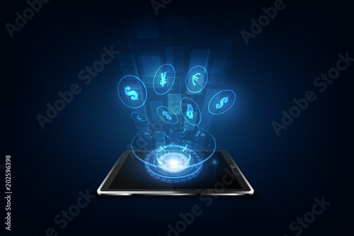 International currency transfer, payment via a smartphone using a smartphone Vector illustration of money concept