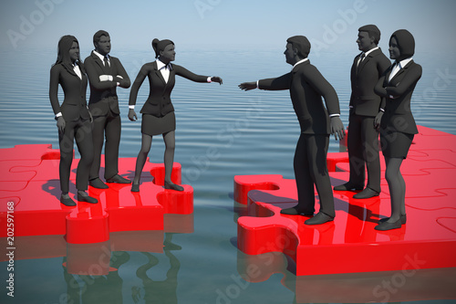 Merger of two teams on a jigsaw puzzle at the sea. Two teams of successful executives merging on a jigsaw puzzle at the sea showing a partnership.