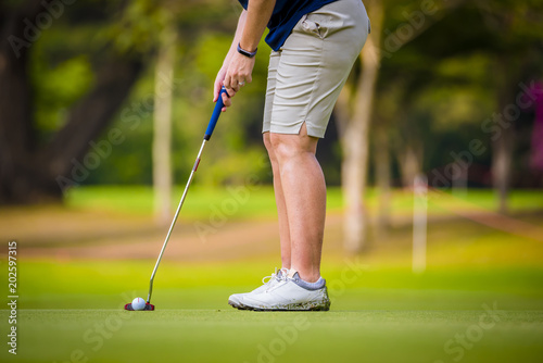 Golfer pushing golf to hole on golf course