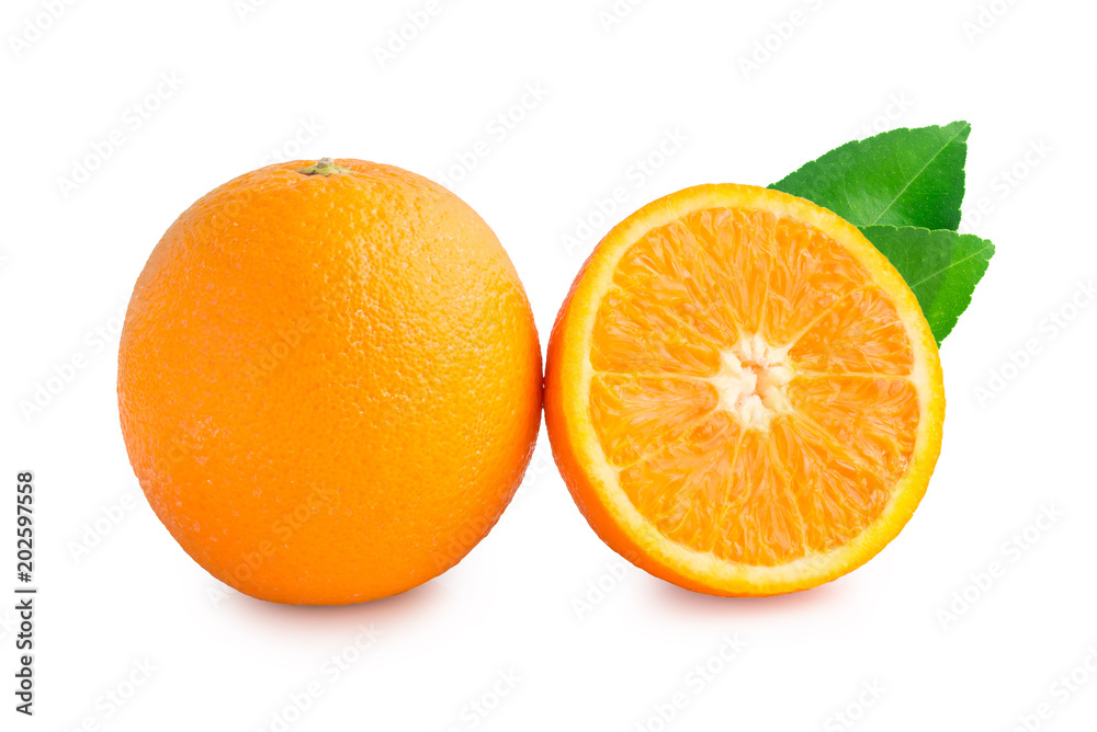 fresh orange isolated on white with green leaves fresh orange isolated on white with green leaves