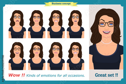 Set of woman expression isolated.Young emotion portraits.Isolated on white.Cute emotional female head illustration. vector face girl, angry, cry, sad, smiling.Businesswoman character