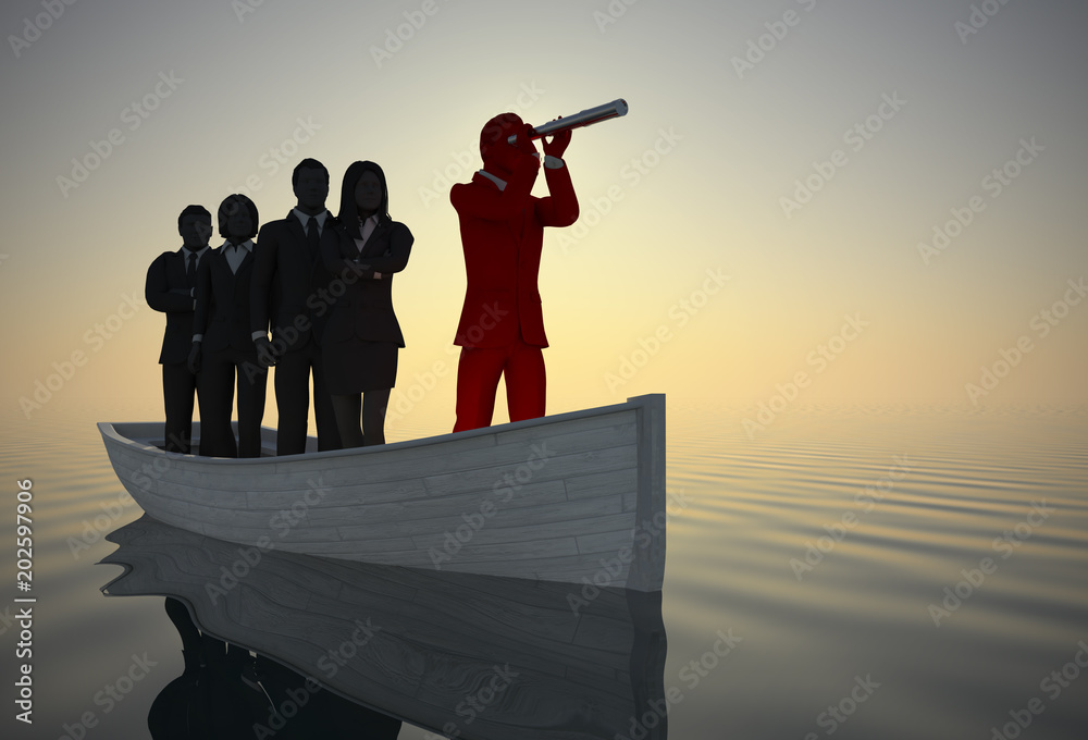 Executive leader and team on boat with a telescope at sunrise. A successful  team of executives