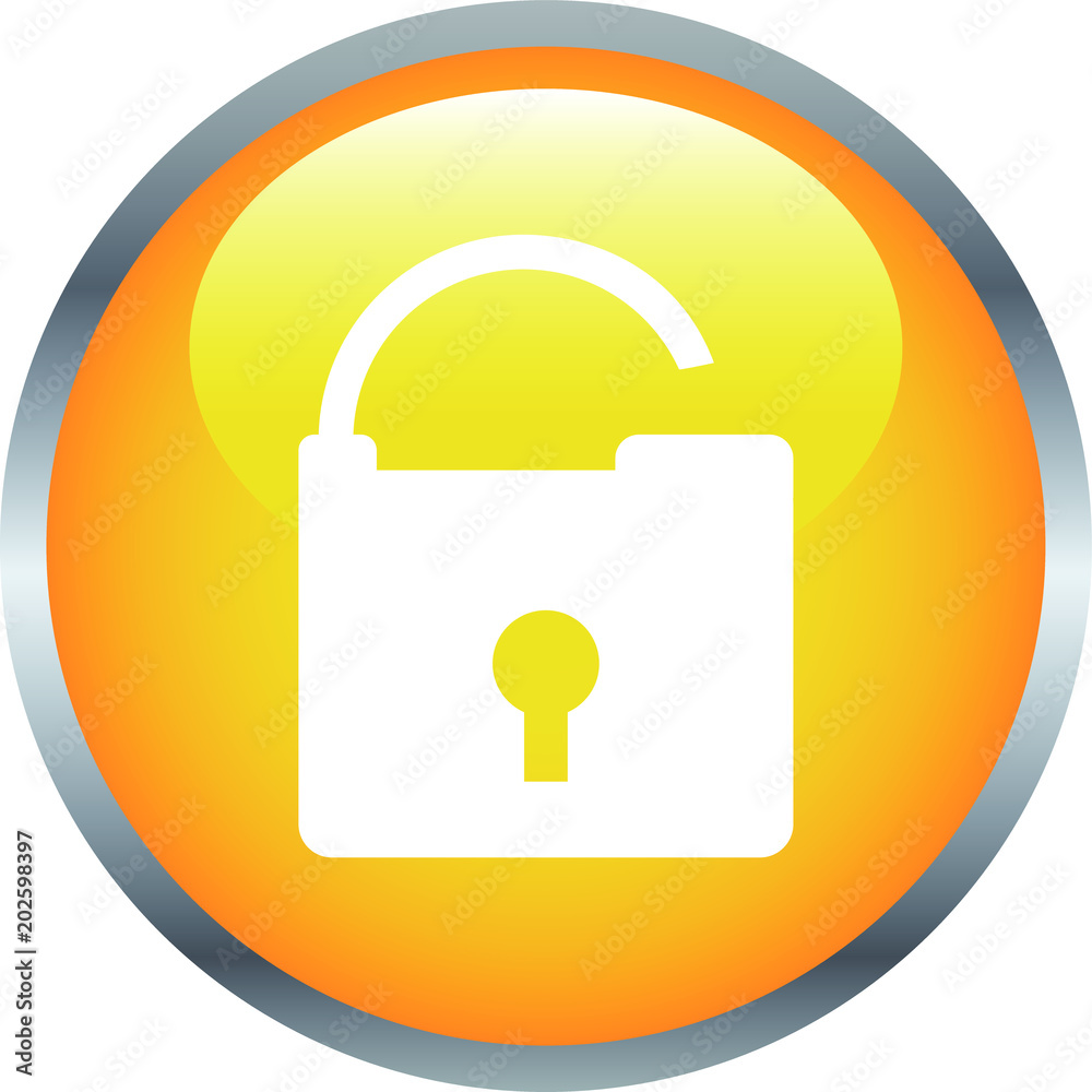 Yellow Shiny round button with opened padlock mark Yellow Shiny round button with opened padlock mark