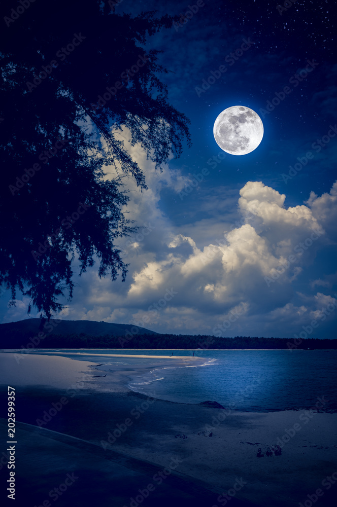 Landscape of sky with full moon on seascape to night. Serenity nature background.