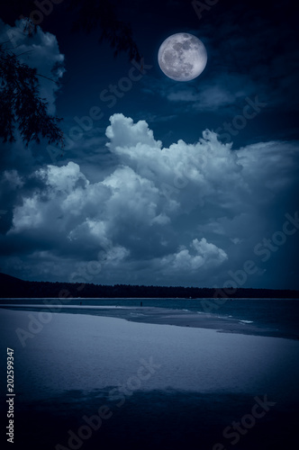 Landscape of sky with full moon on seascape to night. Serenity nature background.
