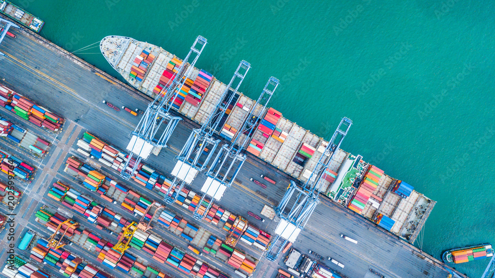 Φωτογραφία Aerial top view container cargo ship, Business import export logistic and transportation of International by containr cargo ship in the open sea